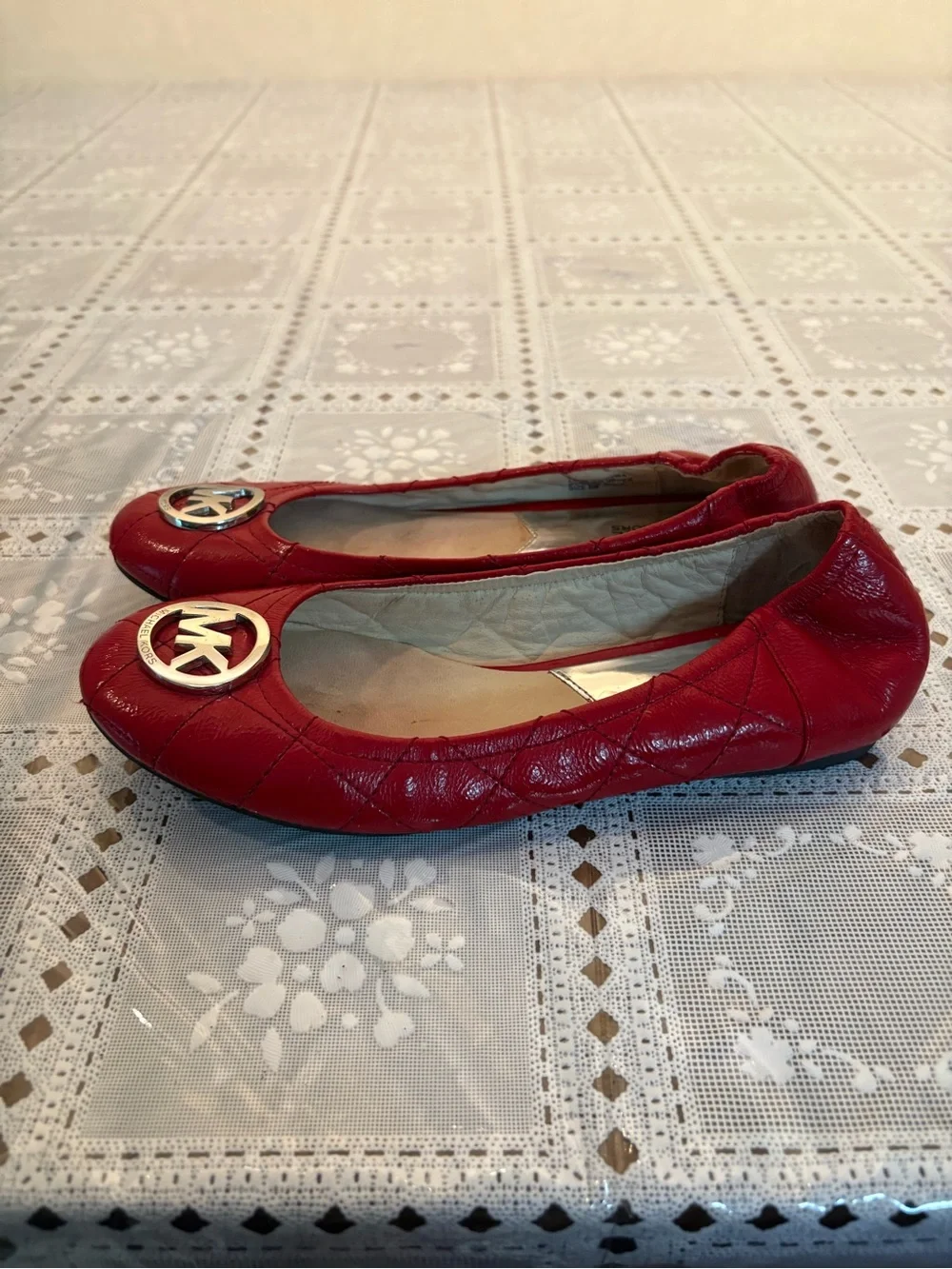 Michael Kors Red Quilted Leather Logo Ballet Flats